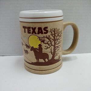 VTG Texas Beer Stein Mug Ceramic Tankard - State Flag, Cowboy, Longhorn Steer